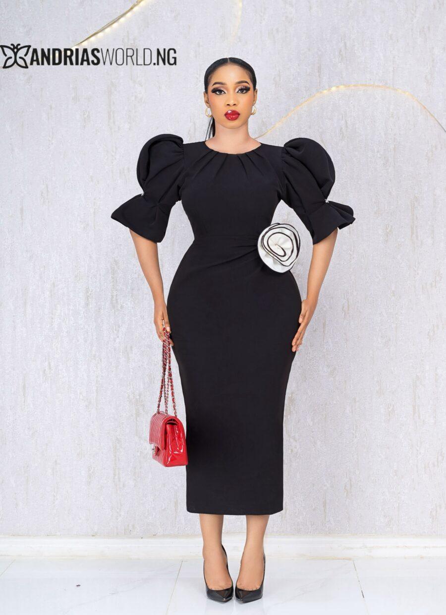 BLACK PUFFY SLEEVES DRESS WITH ROSE