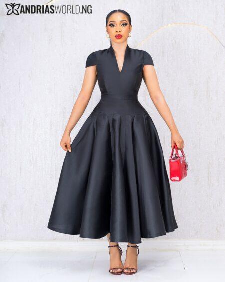 BLACK V NECK MIKADO DRESS