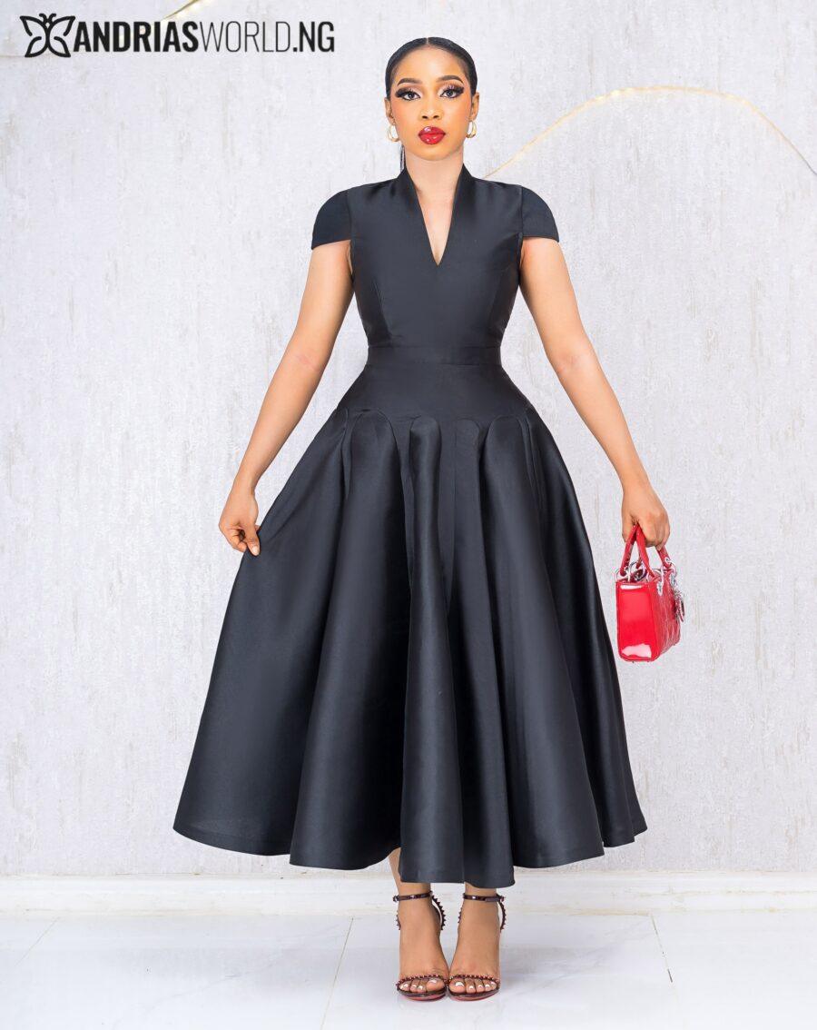 BLACK V NECK MIKADO DRESS