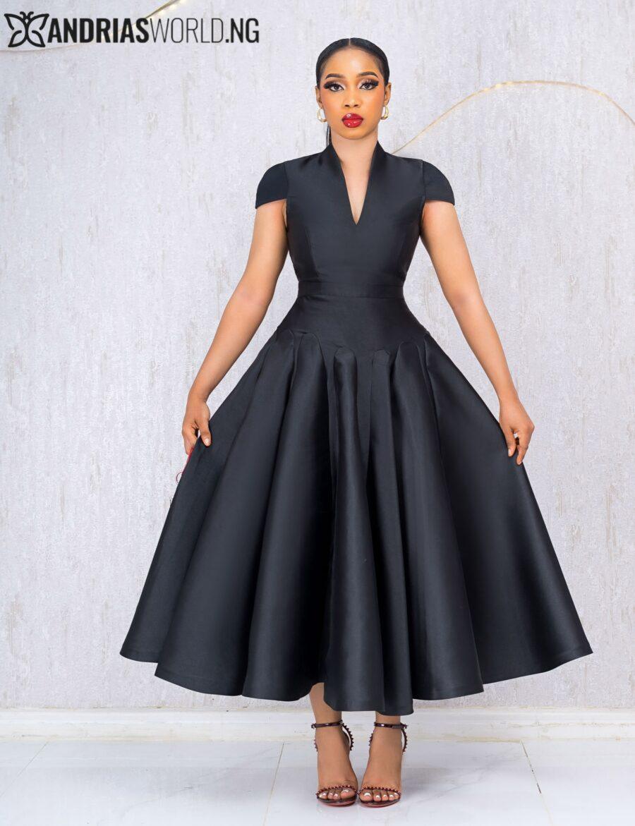 BLACK V NECK MIKADO DRESS