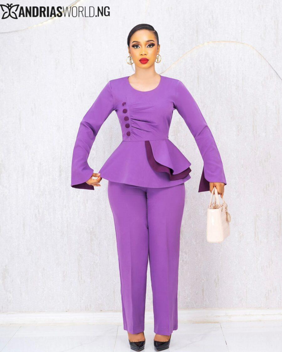 PURPLE PEPLUM TOP AND TROUSER SET