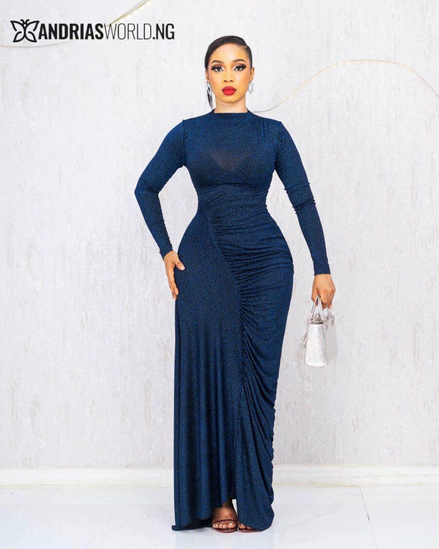 BLUE SHIMMER SIDE RUCHED DRESS