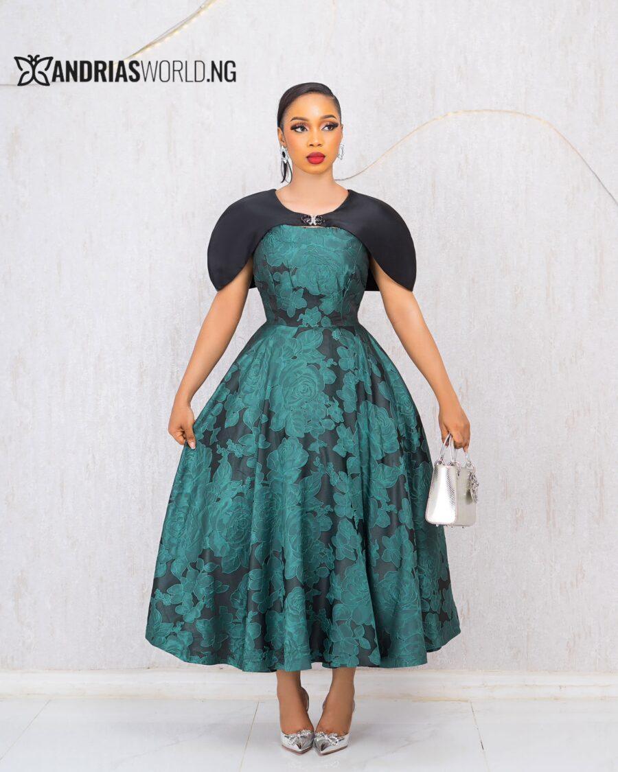 GREEN DAMASK FLORAL DRESS WITH CAPE