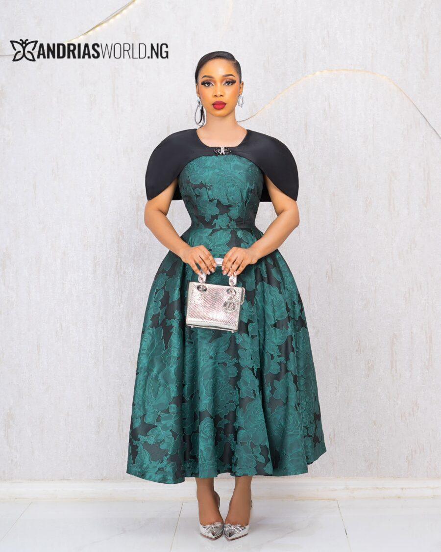 GREEN DAMASK FLORAL DRESS WITH CAPE