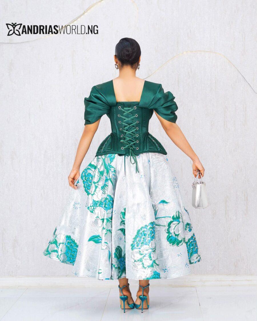 GREEN CORSET AND FLORAL SKIRT SET