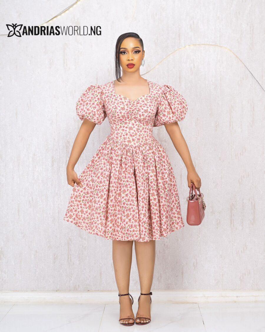 PINK FLORAL PUFFY SKATER DRESS