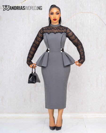 GREY PEPLUM DRESS WITH LACE SLEEVES