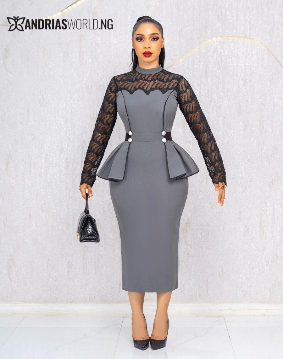 GREY PEPLUM DRESS WITH LACE SLEEVES