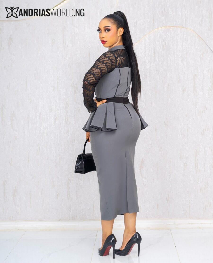 GREY PEPLUM DRESS WITH LACE SLEEVES