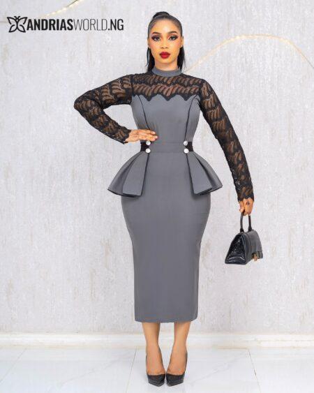 GREY PEPLUM DRESS WITH LACE SLEEVES