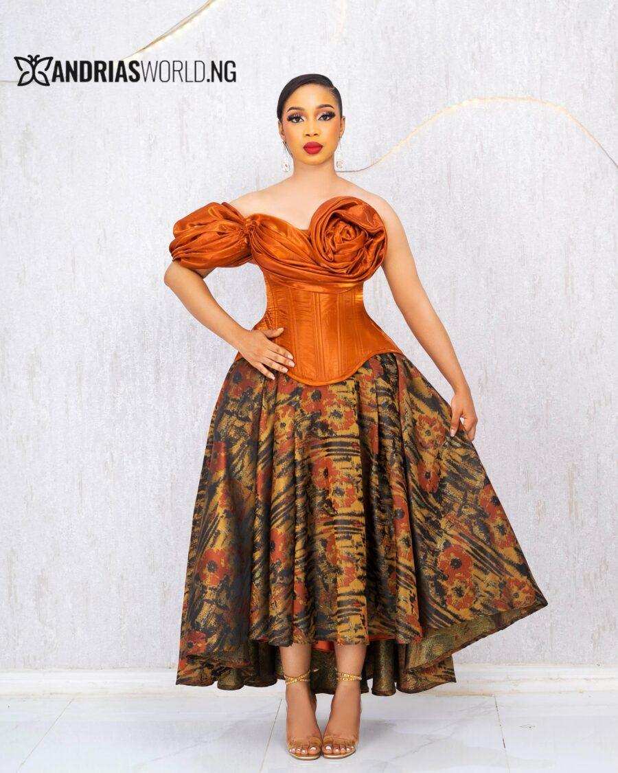 ORANGE RUCHED CORSET TOP WITH DAMASK SKIRT SET