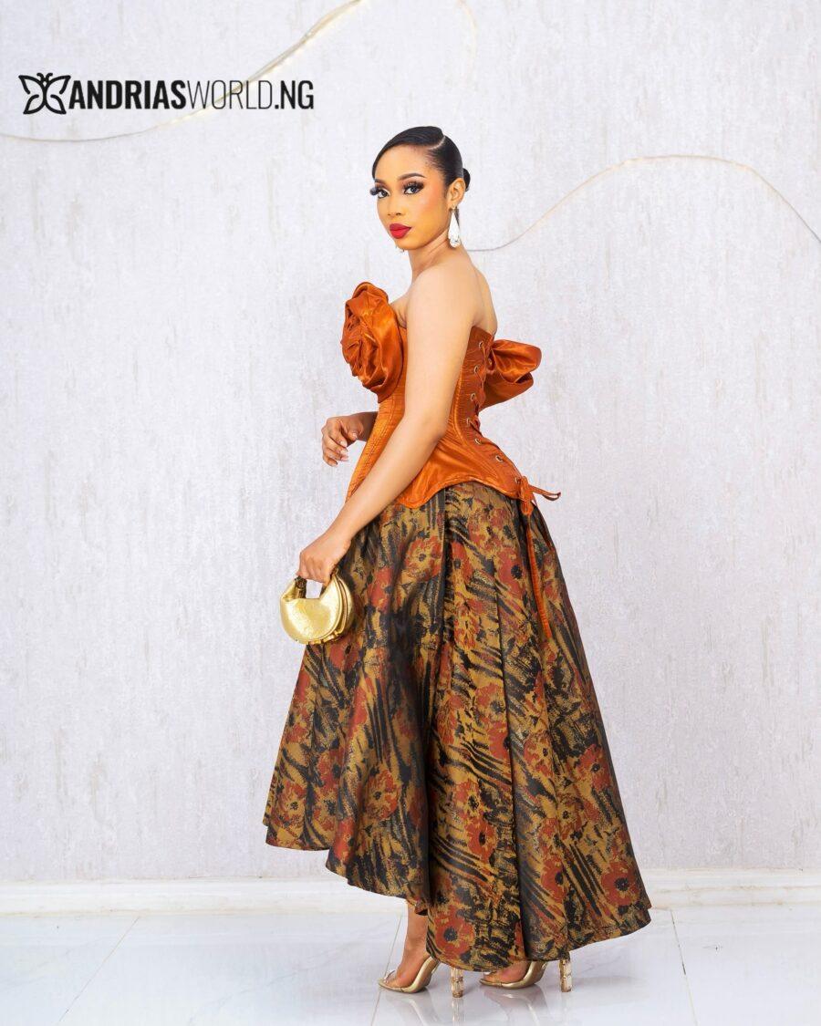 ORANGE RUCHED CORSET TOP WITH DAMASK SKIRT SET