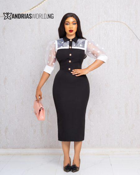 BLACK AND WHITE MIDI DRESS WITH ORGANZA SLEEVES