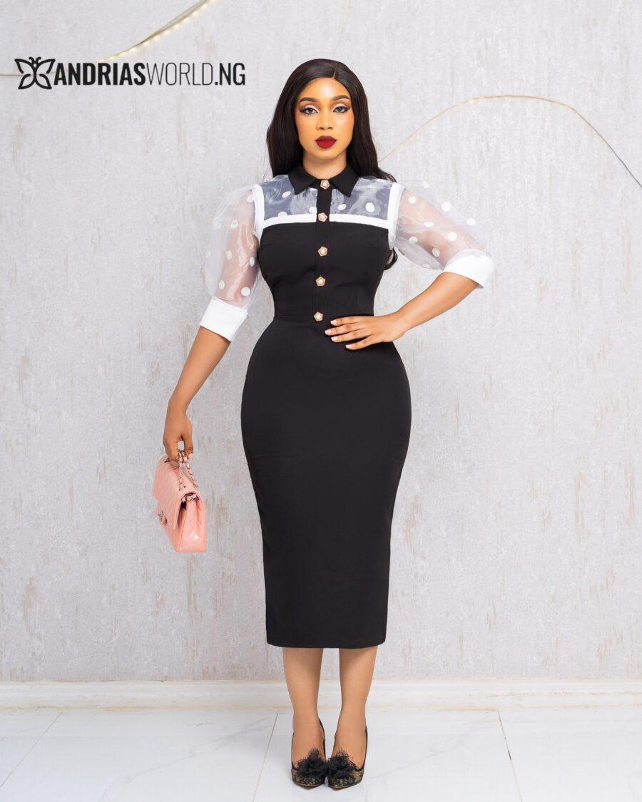 BLACK AND WHITE MIDI DRESS WITH ORGANZA SLEEVES