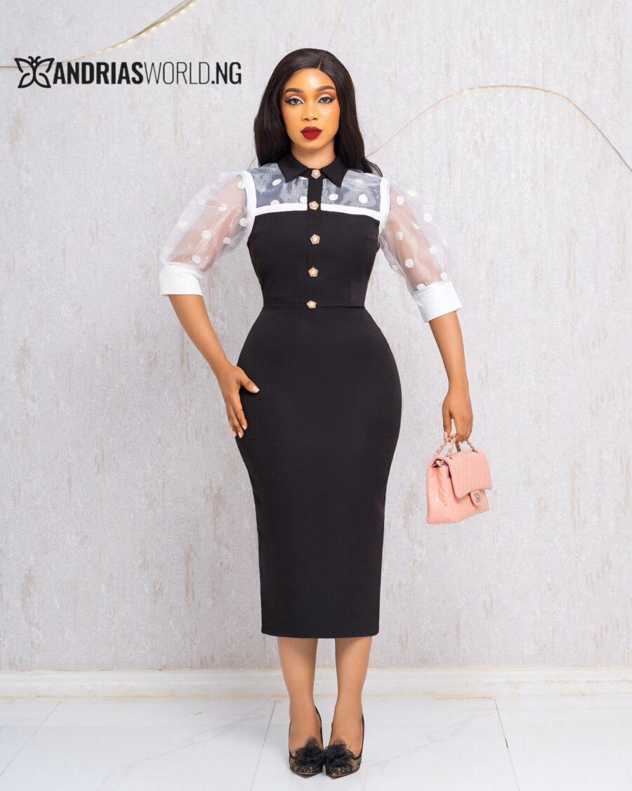 BLACK AND WHITE MIDI DRESS WITH ORGANZA SLEEVES