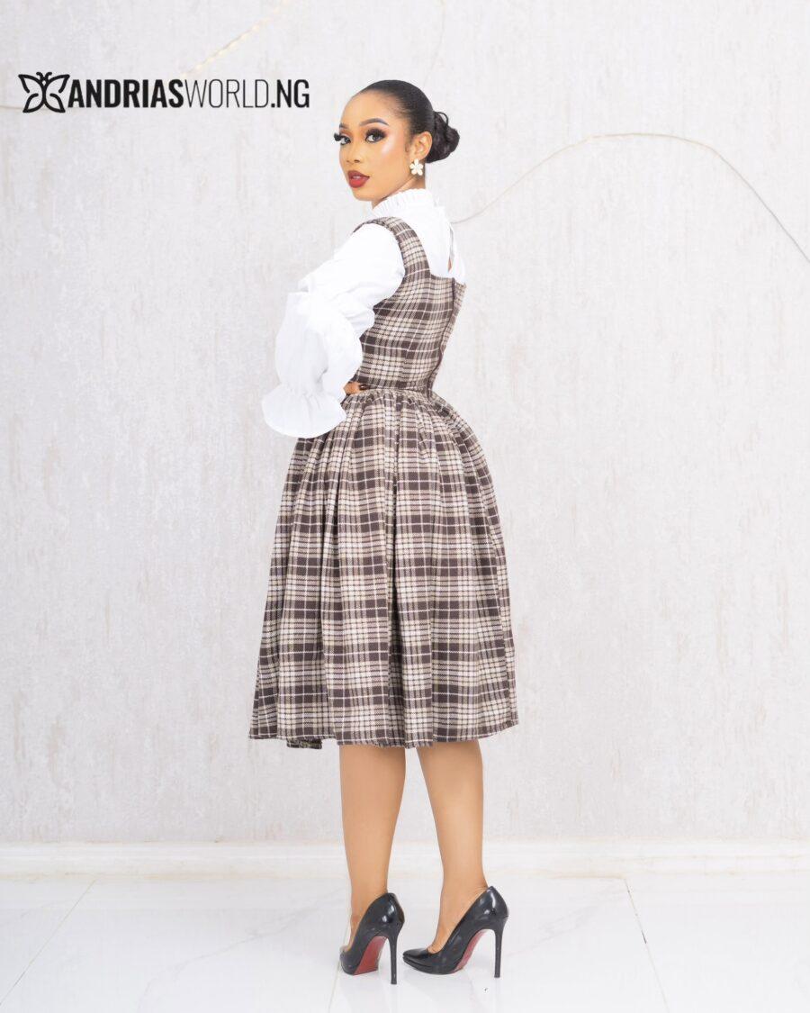 PINAFORE TWEED DRESS WITH WHITE RUFFLE SHIRT
