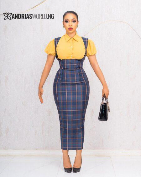 BLUE CHECK PINAFORE WITH YELLOW SHIRT