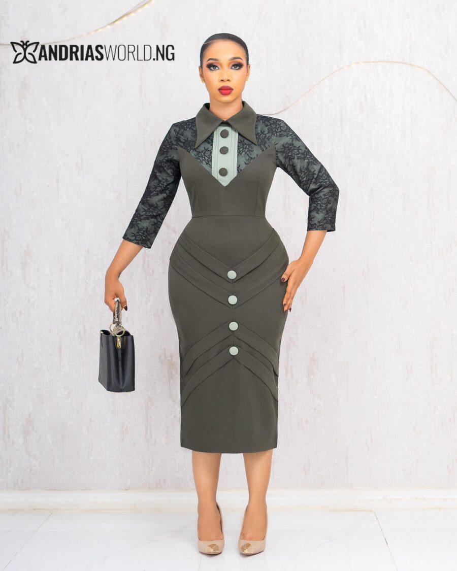 ARMY GREEN MIDI DRESS WITH LACE SLEEVES