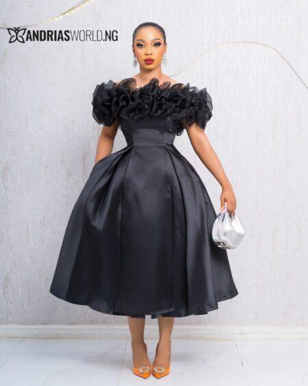 BLACK MIKADO SKATER DRESS WITH ORGANZA