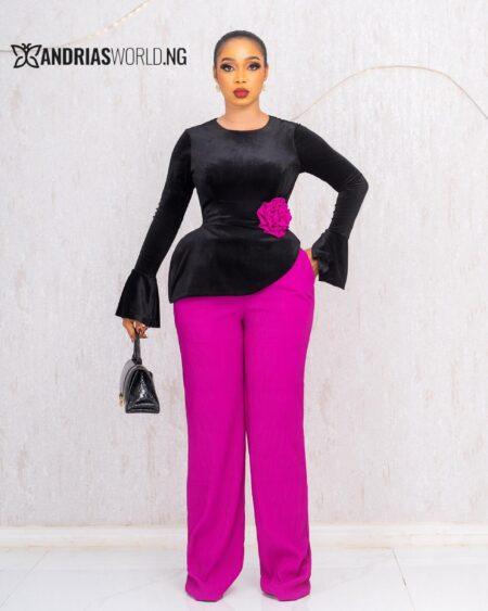 BLACK SUEDE TOP AND PINK TROUSER SET