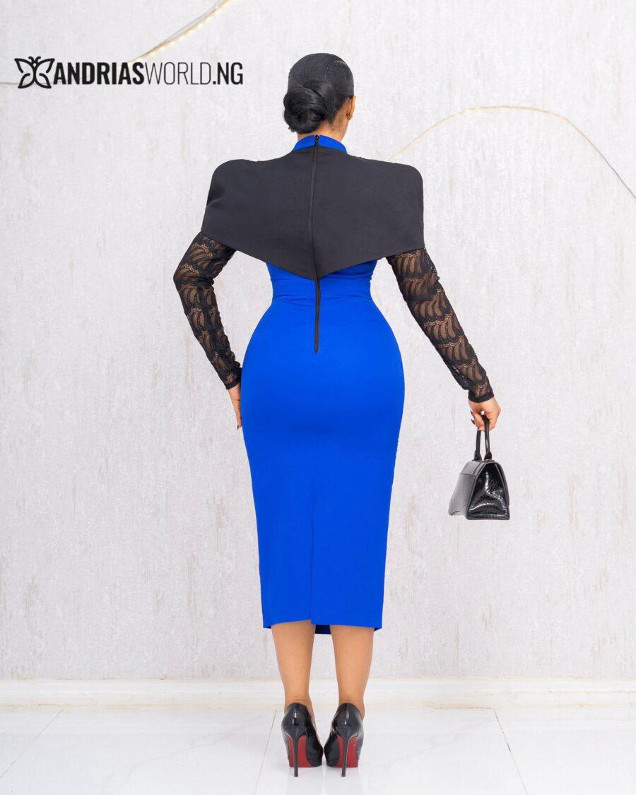 BLUE AND BLACK CAPE DRESS WITH LACE SLEEVES