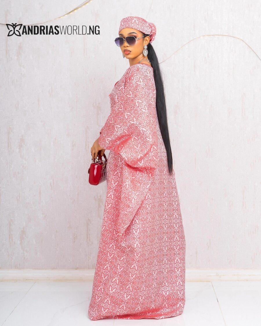 RED DAMASK BUBU DRESS WITH ZARA SCARF