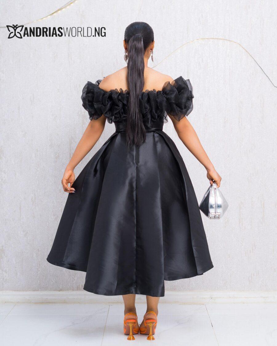 BLACK MIKADO SKATER DRESS WITH ORGANZA