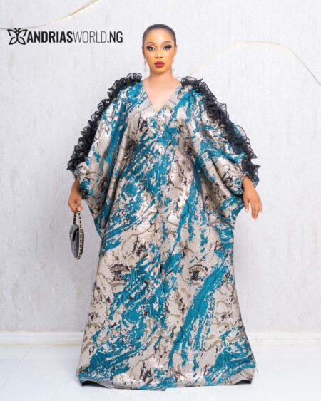 TEAL BLUE AND GOLD DAMASK BUBU DRESS