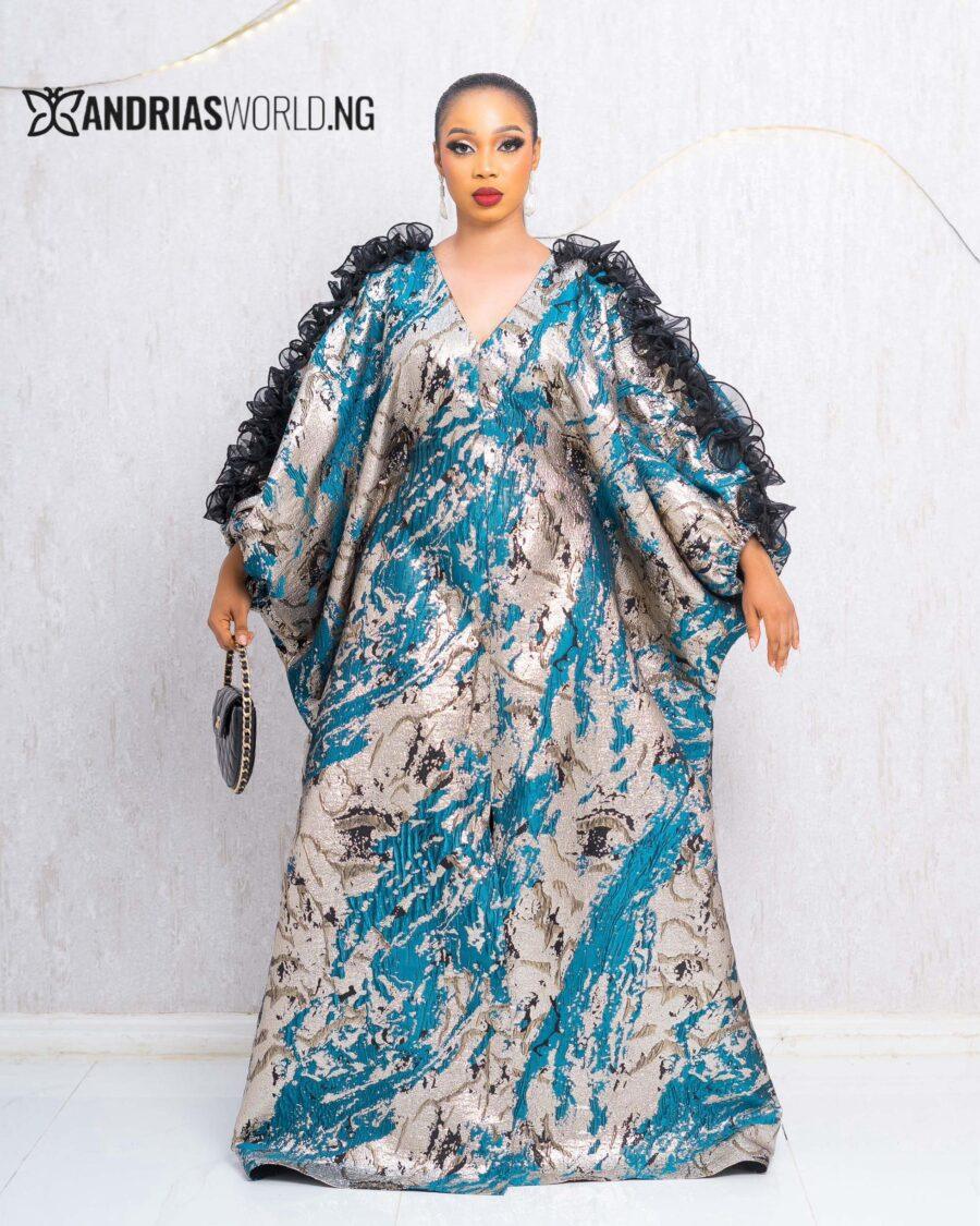 TEAL BLUE AND GOLD DAMASK BUBU DRESS