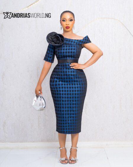 BLUE AND BLACK HOUNDSTOOTH DAMASK DRESS