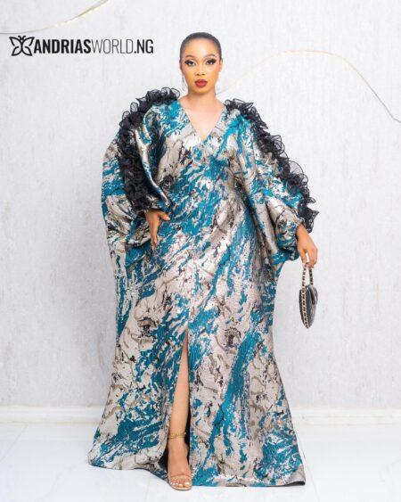 TEAL BLUE AND GOLD DAMASK BUBU DRESS