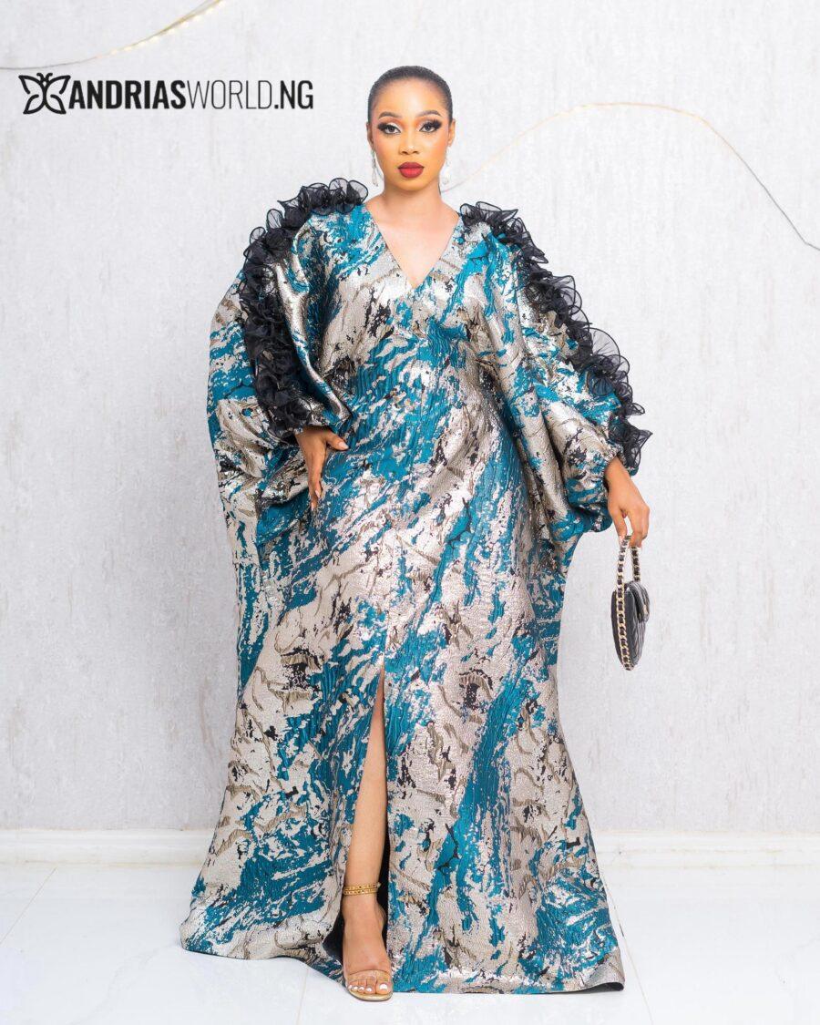 TEAL BLUE AND GOLD DAMASK BUBU DRESS