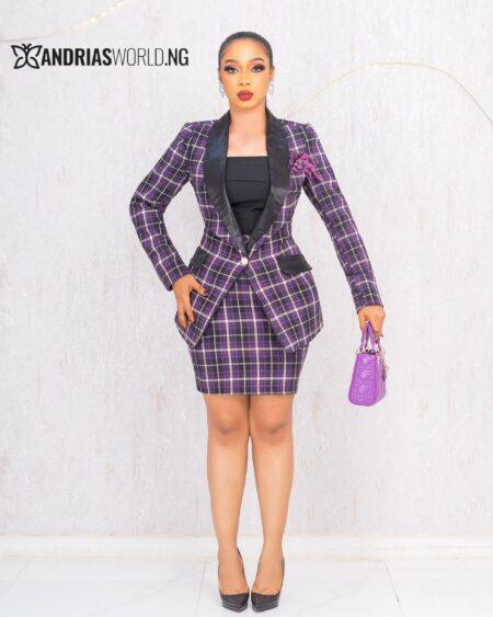 PURPLE TWEED CHECK SKIRT SUIT