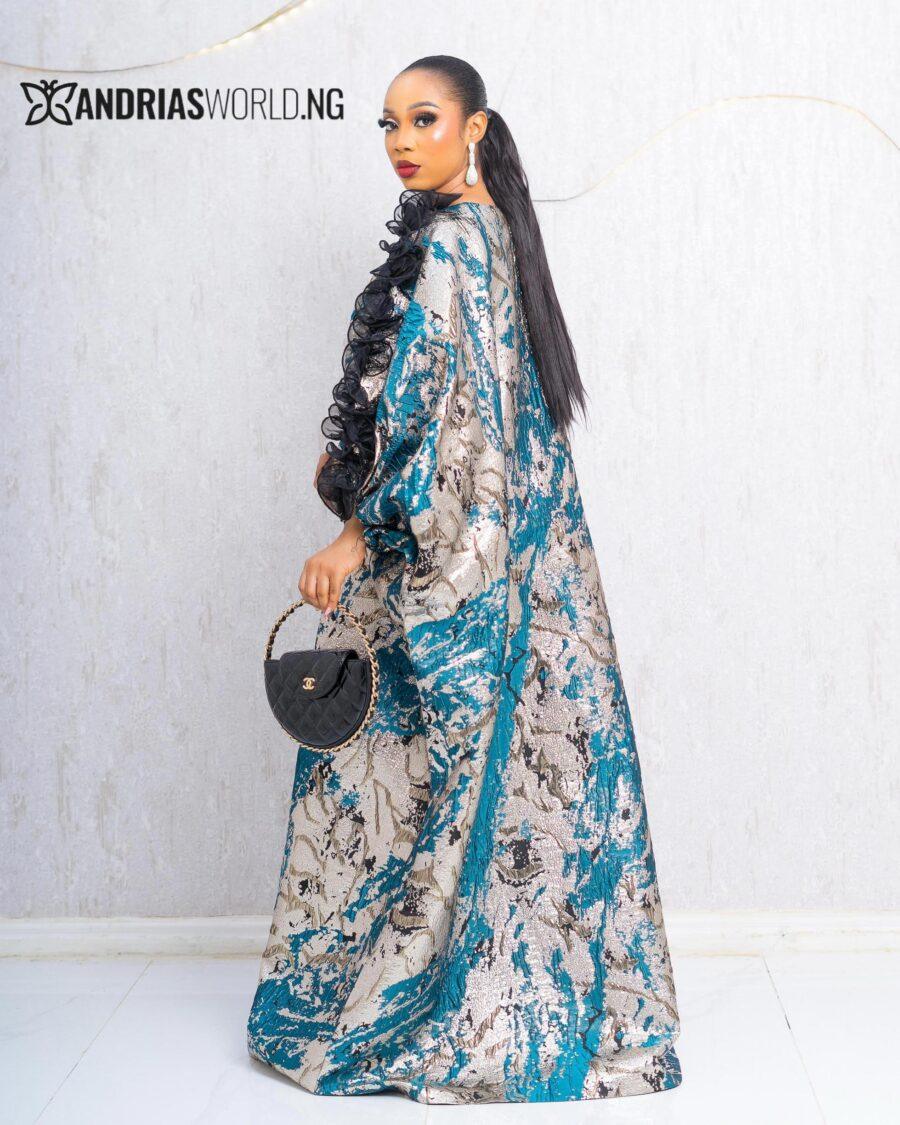 TEAL BLUE AND GOLD DAMASK BUBU DRESS