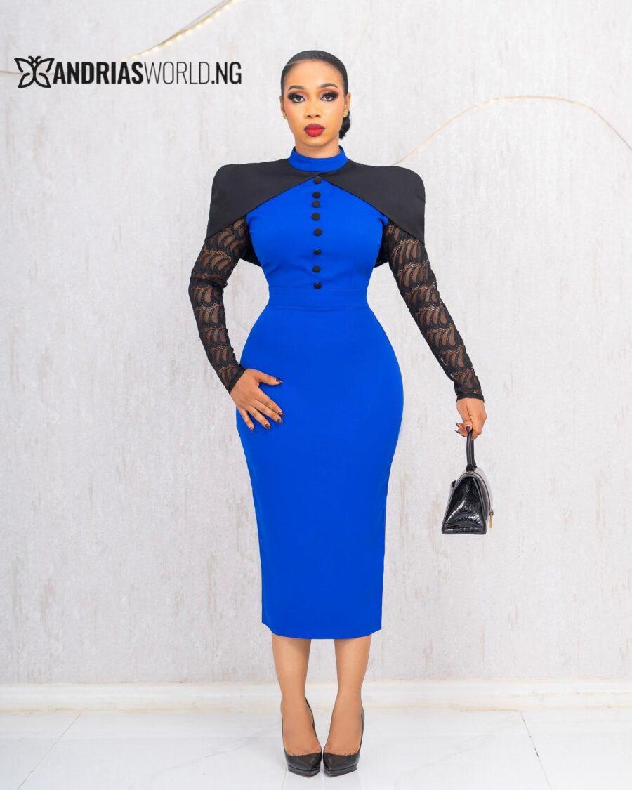 BLUE AND BLACK CAPE DRESS WITH LACE SLEEVES