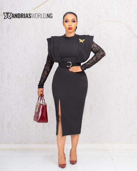 BLACK MIDI DRESS WITH LACE SLEEVES