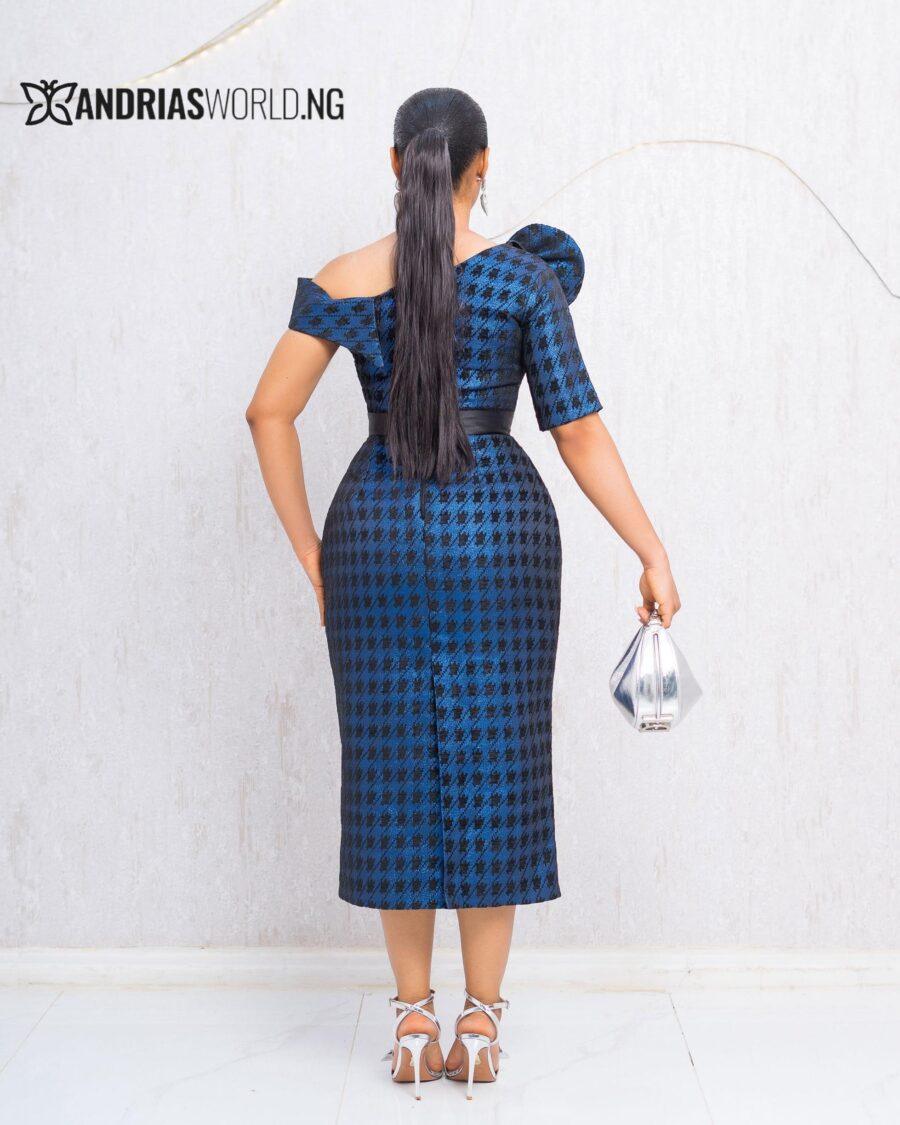 BLUE AND BLACK HOUNDSTOOTH DAMASK DRESS