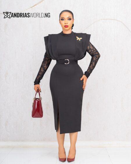BLACK MIDI DRESS WITH LACE SLEEVES
