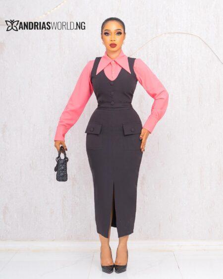 DARK GREY PINAFORE DRESS WITH PINK SHIRT
