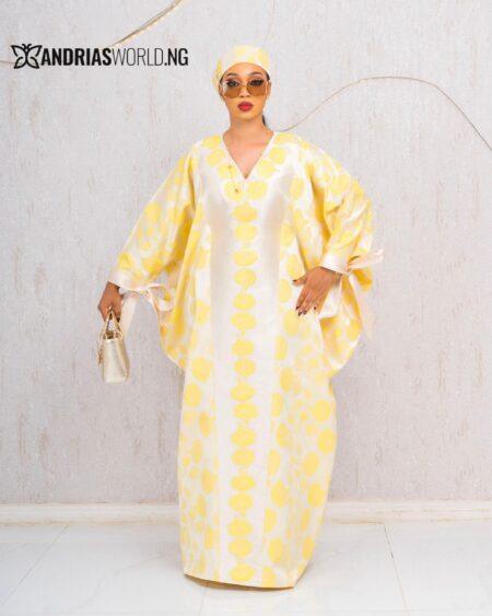 YELLOW AND OFF-WHITE DAMASK BUBU WITH ZARA SCARF