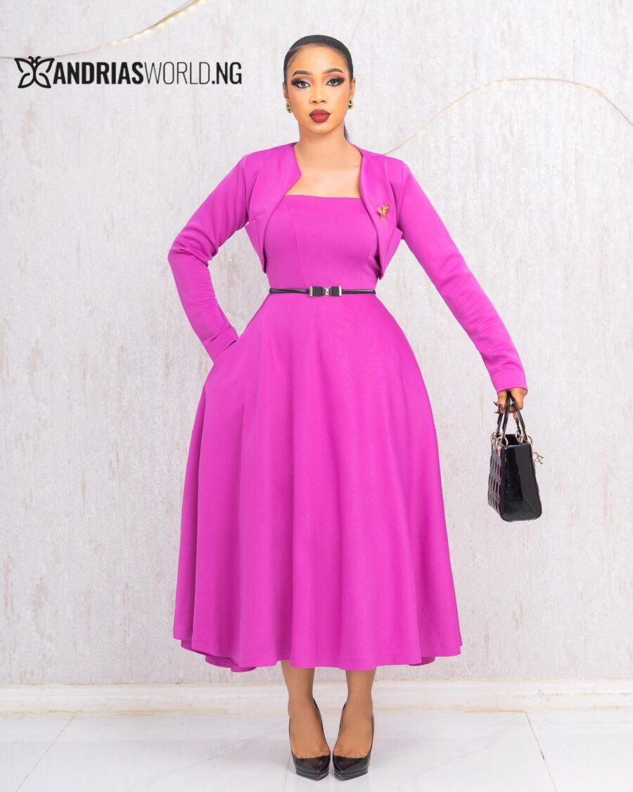 PURPLE BELTED SCUBA DRESS WOTH JACKET