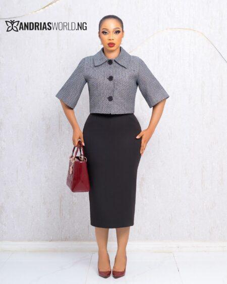GREY TWEED TOP AND BLACK SKIRT SET
