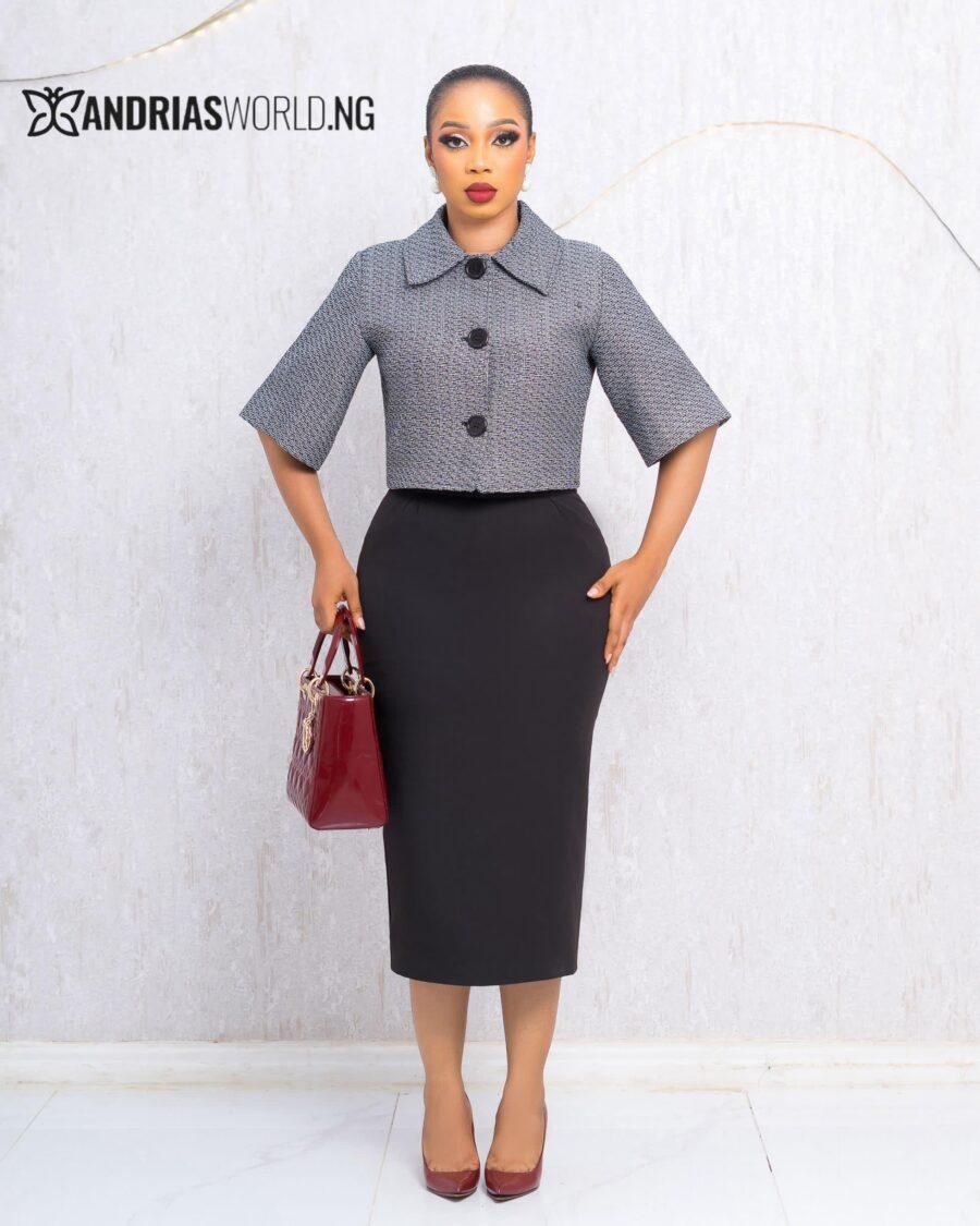 GREY TWEED TOP AND BLACK SKIRT SET
