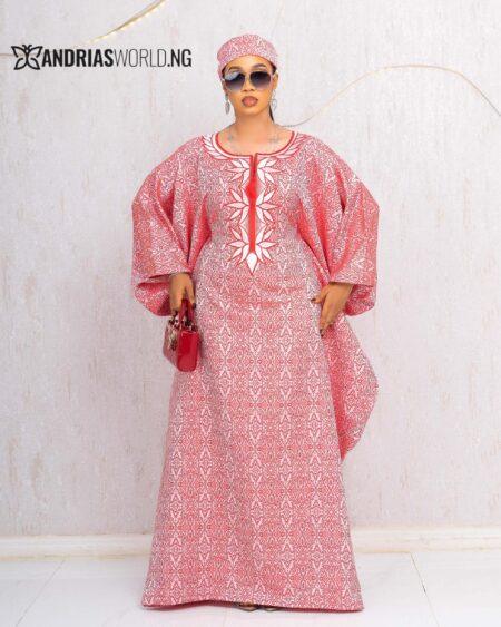 RED DAMASK BUBU DRESS WITH ZARA SCARF
