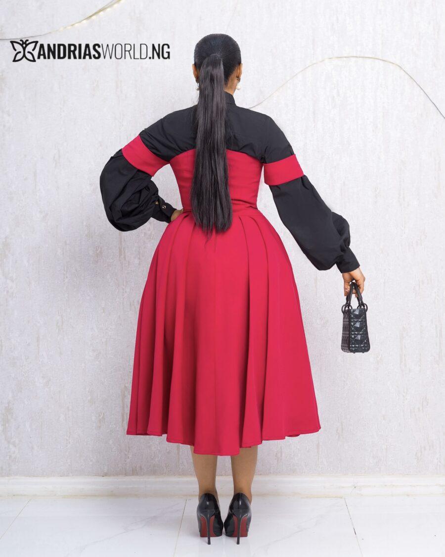 RED SKATER DRESS WITH BLACK SHIRT