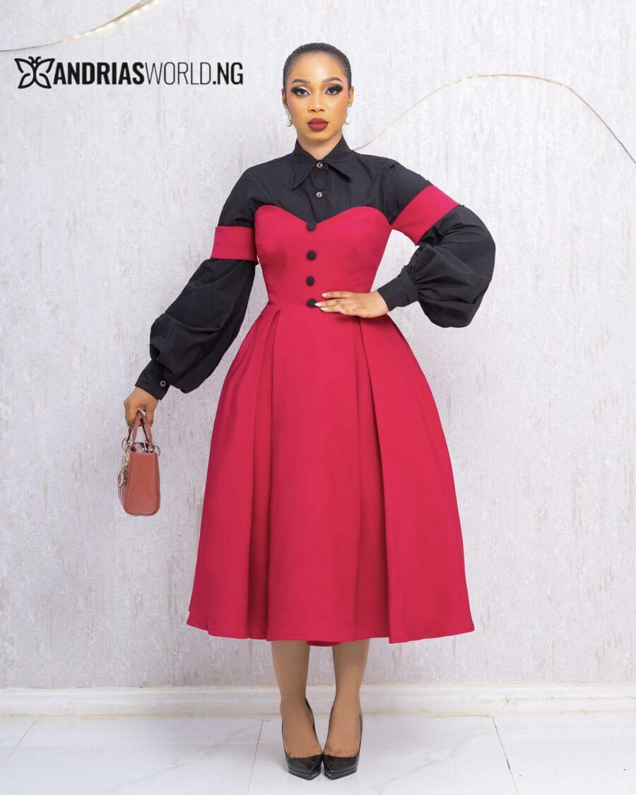 RED SKATER DRESS WITH BLACK SHIRT