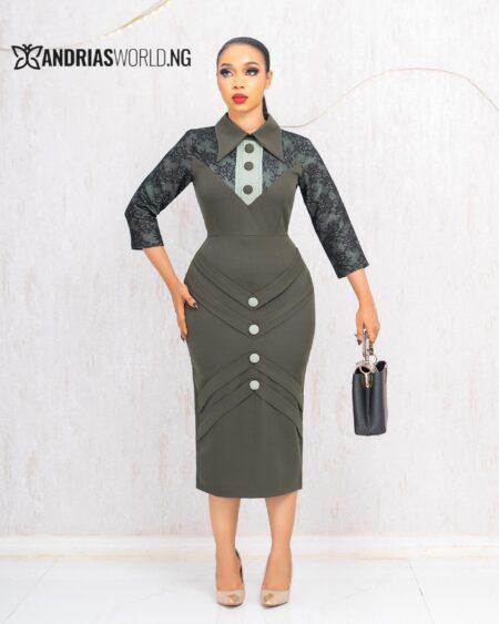 ARMY GREEN MIDI DRESS WITH LACE SLEEVES
