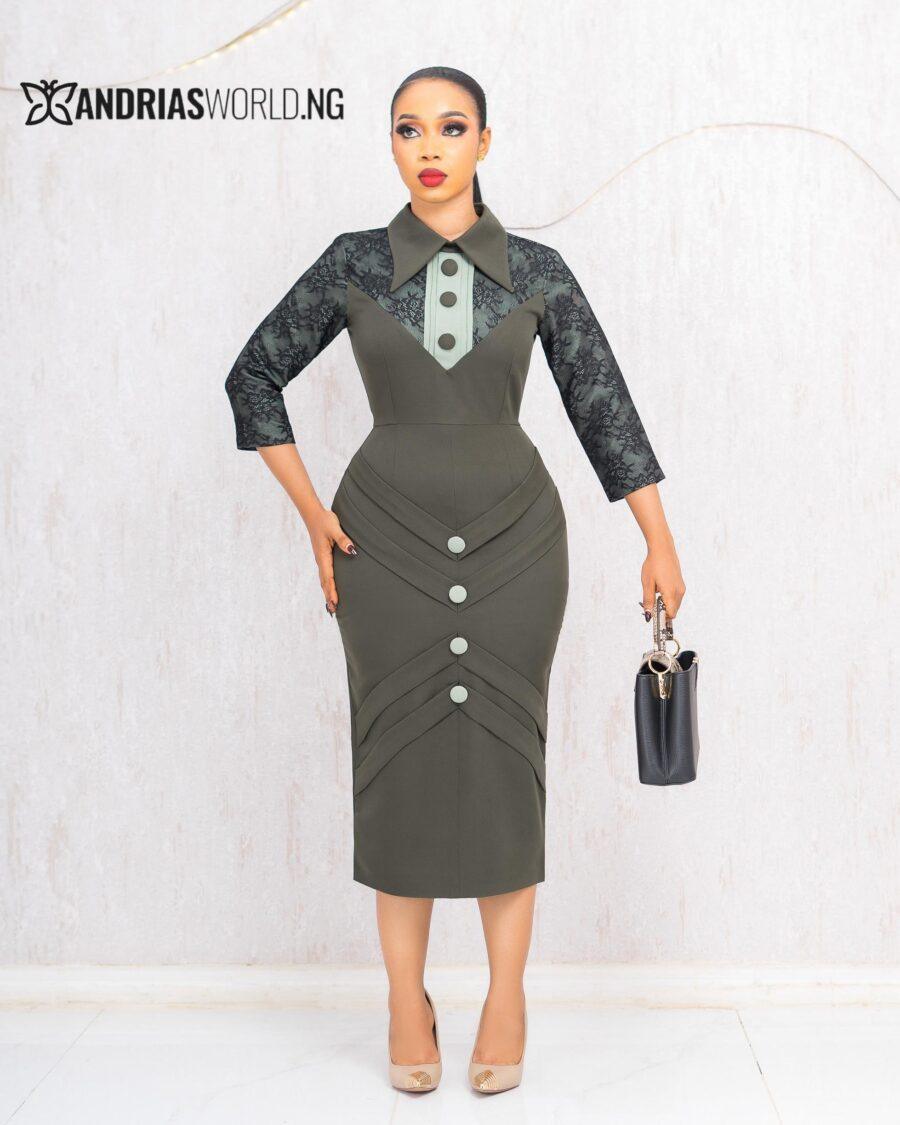 ARMY GREEN MIDI DRESS WITH LACE SLEEVES