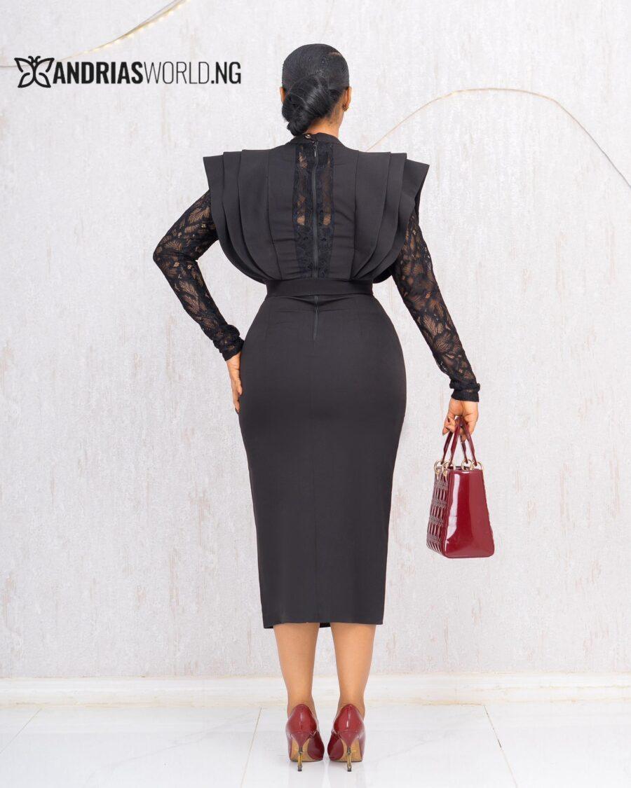 BLACK MIDI DRESS WITH LACE SLEEVES