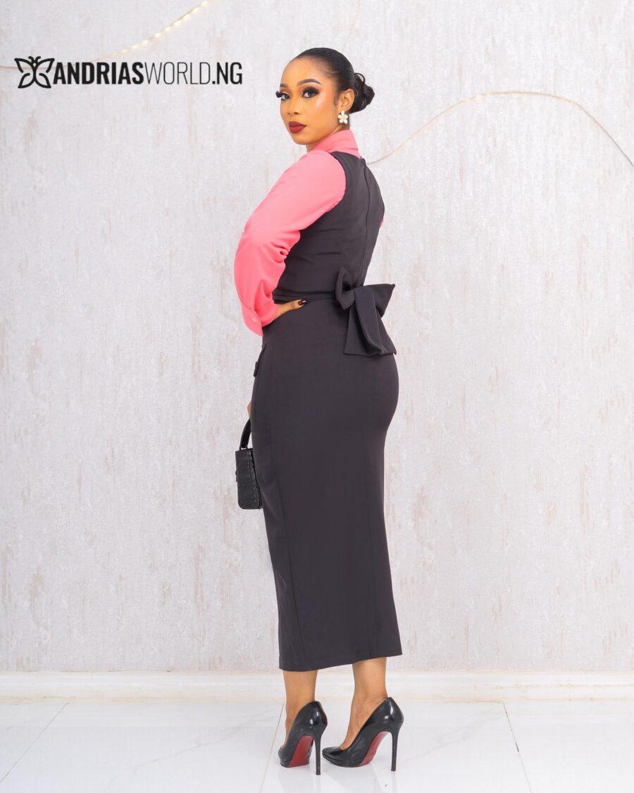 DARK GREY PINAFORE DRESS WITH PINK SHIRT